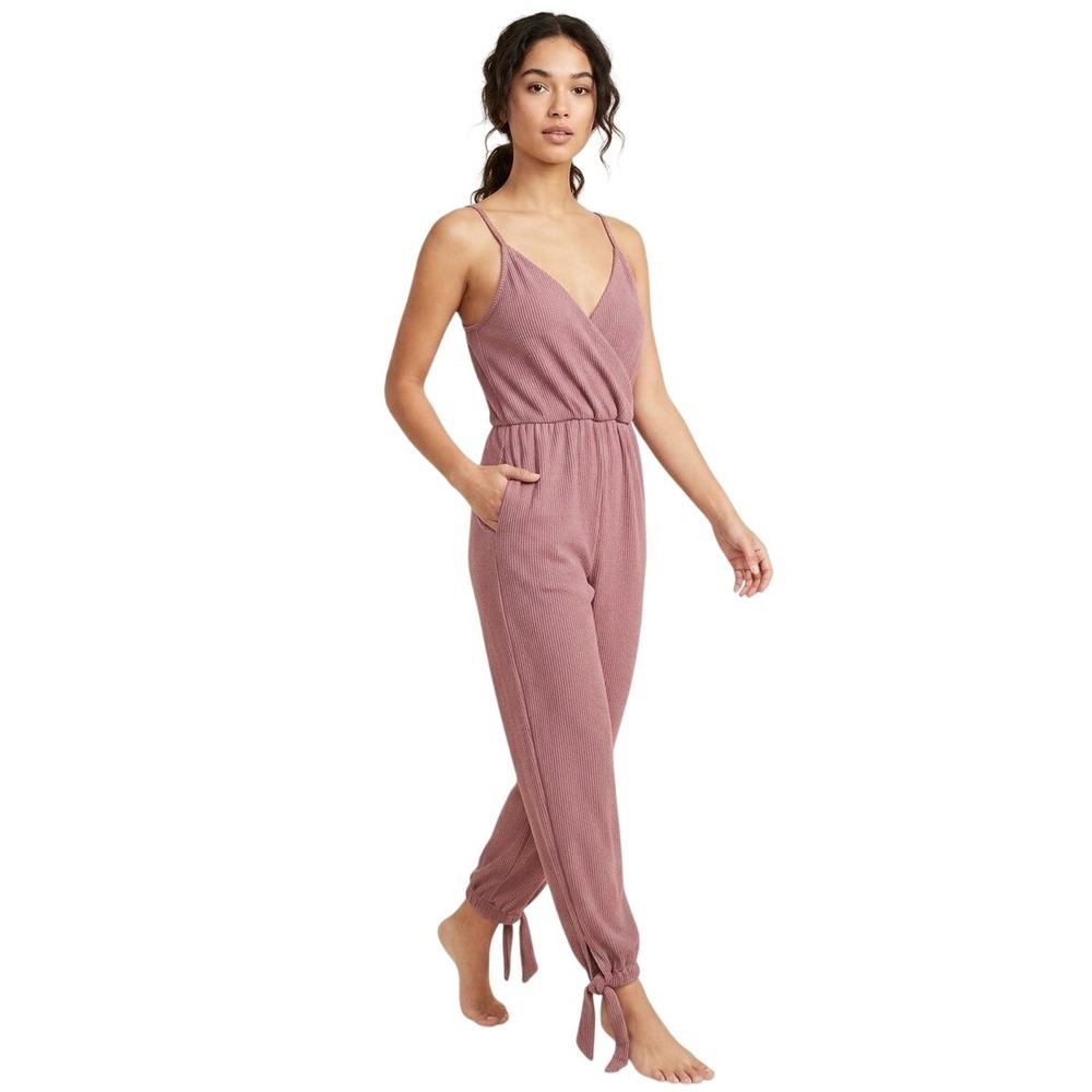 Rolla Coaster Mauve Ribbed Knit Wrap Jumpsuit Boho Tie Ankle Small